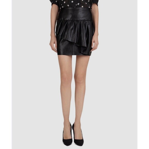 The Kooples Women's Black Ruffled High Faux Leather Mini Short Skirt Size 1 - Picture 1 of 11